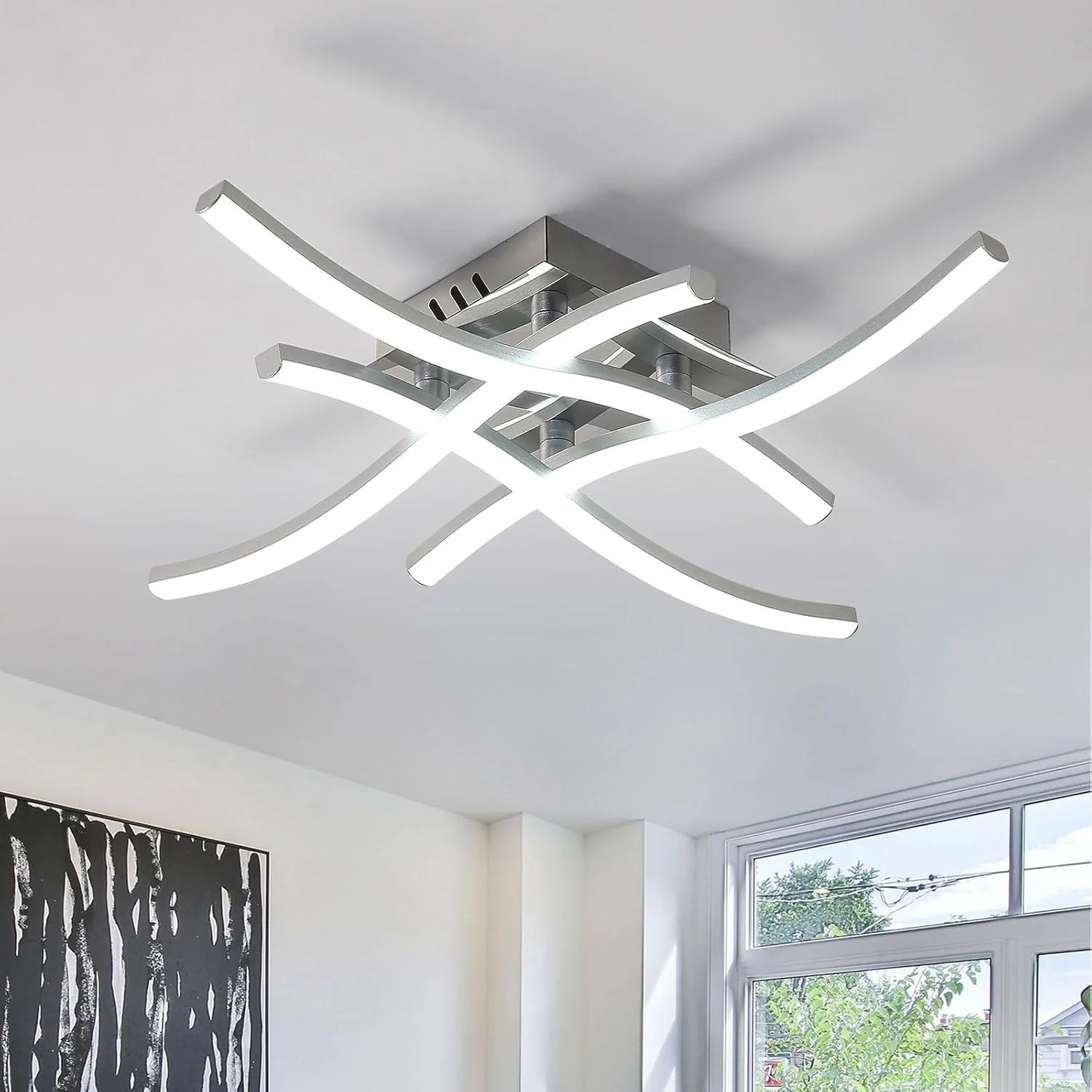 48W Modern Wave LED Ceiling Light with Remote Control – 3-Color Lighting (Warm, Cool & Natural White) | 4-Arm Decorative Lamp