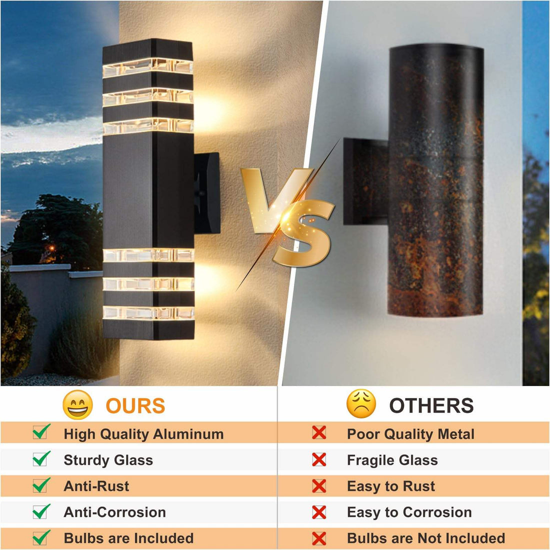 Modern LED Outdoor Wall Light, 3000K Warm White Up & Down Exterior Wall Sconce, Waterproof IP65 Square Aluminum Porch & Patio Light Fixture