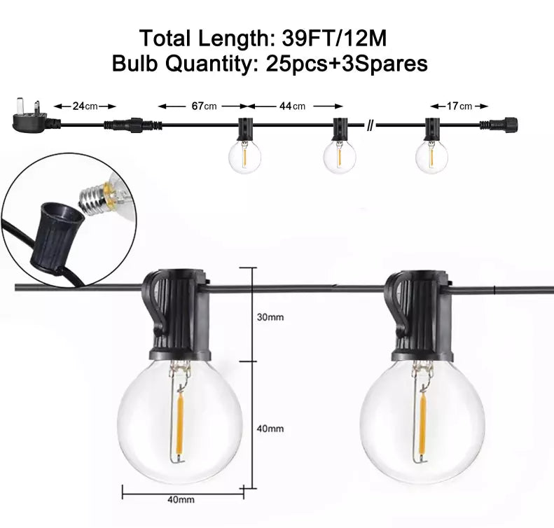 39FT Mains Powered String Light Festoon Outdoor 25+3LED Garden G40 Bulbs Lights