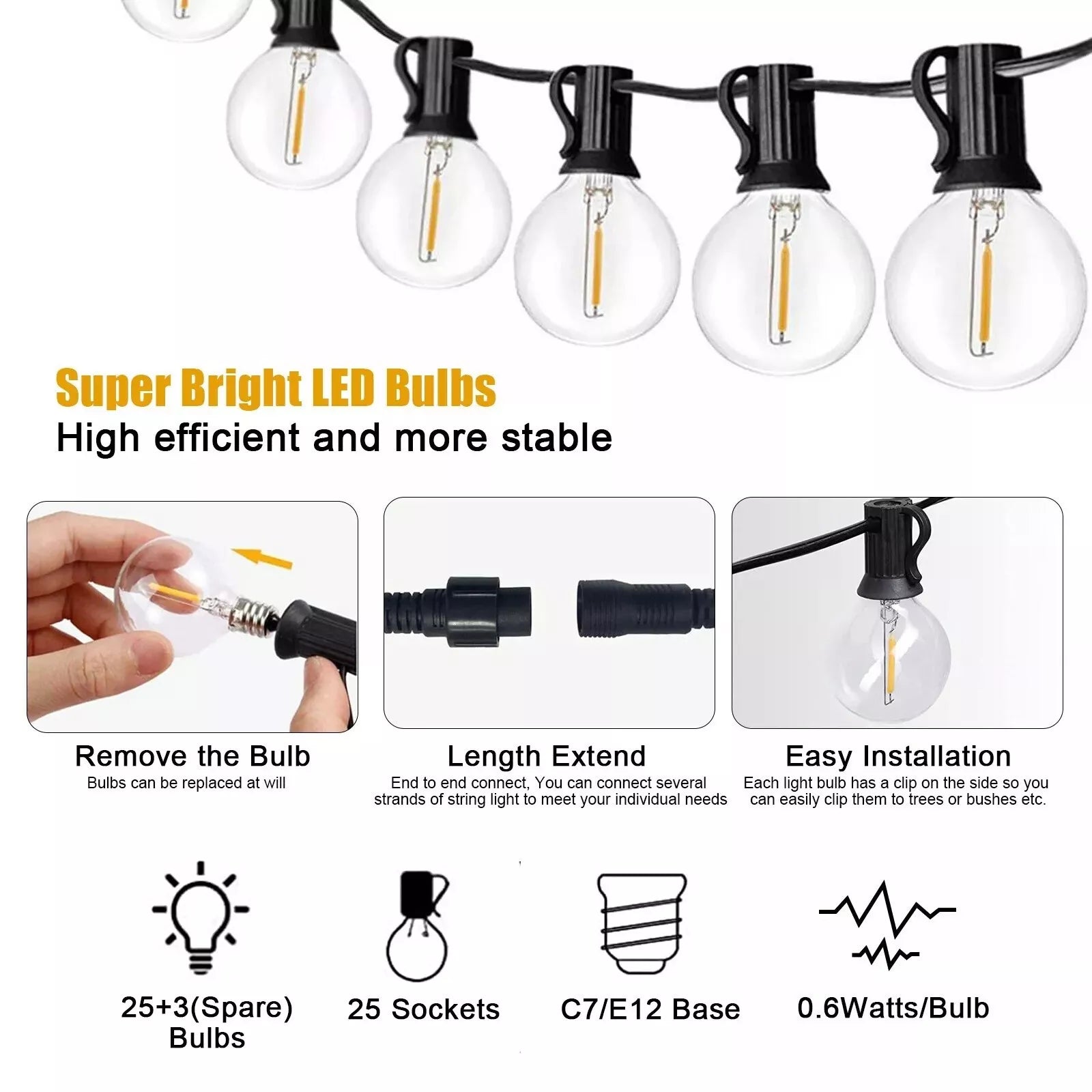 39FT Mains Powered String Light Festoon Outdoor 25+3LED Garden G40 Bulbs Lights